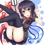  1girl black_hair blush houjuu_nue looking_at_viewer open_mouth polearm short_hair solo stealthbird thighhighs touhou trident violet_eyes weapon wings 