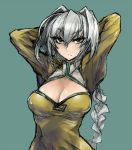  1girl agent_aika arms_up braid breasts cleavage cleavage_cutout frown golden_delmo green_eyes hair_intakes long_hair silver_hair skj solo tonia 
