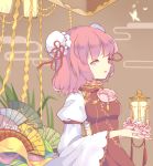  1girl brown_background butterfly double_bun fan flower folding_fan grass high_collar ibaraki_kasen impossible_clothes juliet_sleeves lantern long_sleeves looking_at_viewer maiwetea parted_lips pink_eyes pink_hair pink_rose puffy_sleeves rose sarashi short_hair side_glance solo streamers tabard touhou 