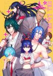  3girls 4boys adjusting_glasses black_hair blonde_hair blue_eyes blue_hair brown_eyes brown_hair chopsticks copyright_name crossed_arms eating food formal frown gamagoori_ira glasses green_eyes green_hair inumuta_houka kill_la_kill kiryuuin_satsuki labcoat living_clothes long_hair mankanshoku_mako matoi_ryuuko mikisugi_aikurou mingou91 multicolored_hair multiple_boys multiple_girls necktie redhead sanageyama_uzu school_uniform senketsu serafuku shinai shirtless short_hair skirt smile stethoscope streaked_hair suit sword tan two-tone_hair weapon yellow_background 