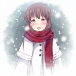  1girl brown_eyes brown_hair hagiwara_yukiho idolmaster looking_at_viewer open_mouth scarf short_hair shuuichi snowing solo 