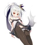  1girl bare_shoulders butterfly_hair_ornament fang flat_chest hair_ornament long_hair looking_at_viewer navel nekomu original pantyhose raised_eyebrows red_eyes silver_hair simple_background smile solo very_long_hair white_background 