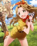  1girl belt boots brown_hair d: giraffe green_eyes hair_intakes idolmaster idolmaster_million_live! long_hair looking_at_viewer microphone nikaidou_chizuru official_art open_mouth ponytail rhinoceros safari_jacket shorts turn_pale watch wavy_mouth 