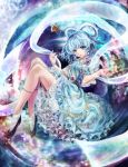  1girl belt blue_dress blue_eyes blue_hair dress floral_background floral_print flower frills hair_ornament hair_stick kaku_seiga looking_at_viewer open_mouth puffy_sleeves shawl shoes short_hair short_sleeves smile socks solo string torino_akua touhou wavy_hair white_legwear 