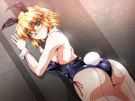  1girl animal_ears ass bare_shoulders blonde_hair blush breasts bunny_girl bunny_tail bunnysuit detached_collar fishnet_pantyhose fishnets green_eyes large_breasts mizuhashi_parsee ootsuki_wataru pantyhose pointy_ears rabbit_ears short_hair solo tail touhou wrist_cuffs 