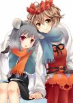  2girls :o animal_ears brown_eyes brown_hair capelet color_contrast cover cover_page gloves grey_hair hair_ornament holding_hands leaning_on_person mouse_ears multiple_girls nagaro nazrin red_eyes ribbon scarf short_hair sitting skirt smile toramaru_shou touhou translated 