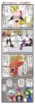  4koma 6+girls arm_up ass bat_wings black_dress blonde_hair blue_dress blue_hair braid capelet comic crescent dei_shirou dress dumpling eating gradient_hair green_hair grin hair_bobbles hair_ornament hat highres hijiri_byakuren jiaozi kirisame_marisa mima multicolored_hair multiple_girls patchouli_knowledge plate red_dress remilia_scarlet revision shinki side_ponytail sitting smile touhou touhou_(pc-98) translated wings witch_hat wizard_hat wrestling_ring yellow_eyes 