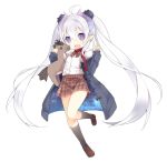 1girl ahoge black_legwear coat fang horns loafers long_hair looking_at_viewer mofetousu_furuna open_mouth original pointy_ears saru school_uniform shoes silver_hair simple_background skirt solo stuffed_horse twintails v very_long_hair violet_eyes white_background 