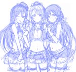  3girls blush hair_ribbon hand_on_hip hat long_hair looking_at_viewer love_live!_school_idol_project midriff mini_top_hat monochrome multiple_girls open_mouth ponytail ribbon s@ki_kilisawa sketch skirt smile tagme thighhighs top_hat twintails wink zettai_ryouiki 