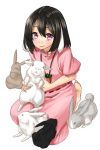  1girl animal_ears black_hair blush carrot dress inaba_tewi jewelry kyon_(fuuran) lips looking_at_viewer necklace pink_dress pink_eyes puffy_sleeves rabbit rabbit_ears red_eyes short_hair short_sleeves simple_background sitting smile solo touhou white_background 