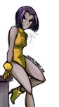  1girl alternate_costume bob_cut ceshira dc_comics desk facial_mark forehead_mark gloves grey_skin high_heel_boots high_heels highres lady_legasus leaning leotard purple_hair raven_(dc) red_eyes short_hair signature small_breasts solo teen_titans teen_titans_go watermark web_address 