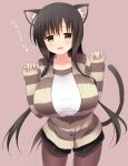  1girl animal_ears black_hair blush breasts casual cat_ears cat_tail green_eyes huge_breasts hyuuga_takashi iwato_kasumi long_hair open_mouth saki smile solo striped tail 