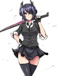 1girl checkered_necktie eyepatch fingerless_gloves gloves hand_on_hip headgear kantai_collection looking_at_viewer personification purple_hair scabbard sheath short_hair sketch smile solo sword tenryuu_(kantai_collection) thighhighs ulrich_(tagaragakuin) weapon yellow_eyes 