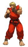  1boy animated animated_png barefoot blonde_hair dougi fighting_stance fingerless_gloves gloves ken_masters muscle official_style sleeveless solo steamboy_(artist) street_fighter_iii:_3rd_strike toes 