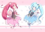  2girls absurdres aino_megumi blue_dress blue_eyes blue_hair boots bow brooch crown cure_lovely cure_princess dress happinesscharge_precure! highres jewelry long_hair magical_girl mini_crown multiple_girls pantyhose pink_dress pink_eyes pink_hair ponytail precure puffy_sleeves ribbon senba_hikari shirayuki_hime shoes smile twintails wrist_cuffs 