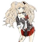  1girl bear_hair_ornament blue_eyes blush cakeoflime choker contrapposto dangan_ronpa enoshima_junko hair_ornament hand_on_hip hand_on_thigh long_hair loose_necktie nail_polish necktie pink_hair pleated_skirt skirt sleeves_rolled_up smile solo twintails 
