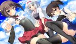  3girls bike_shorts black_legwear brown_eyes brown_hair convenient_leg hairband japanese_clothes kaga_(kantai_collection) kantai_collection long_hair motomiya_mitsuki multiple_girls muneate open_mouth personification short_hair shoukaku_(kantai_collection) side_ponytail silver_hair taihou_(kantai_collection) thighhighs 