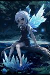  1girl bare_legs barefoot blue_dress blue_eyes bow cirno dress forest frozen hair_bow ice ice_wings letterboxed nature night open_mouth pond ranka_(tonbo) revision shirt short_hair silver_hair sitting smile solo touhou water wings 