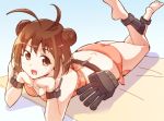  1girl :d ahoge antenna_hair barefoot bikini brown_eyes brown_hair chin_rest double_bun e20 kantai_collection legs_up lying naka_(kantai_collection) on_stomach open_mouth personification smile solo swimsuit 