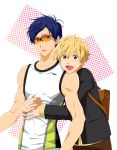  2boys blonde_hair blue_eyes blue_hair free! glasses hazuki_nagisa hug hug_from_behind kotori_hina male multiple_boys open_mouth red_eyes ryuugazaki_rei short_hair smile sunglasses violet_eyes 