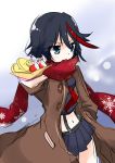  1girl black_hair blue_eyes blush funmatu kill_la_kill matoi_ryuuko midriff multicolored_hair navel pleated_skirt rough scarf school_uniform senketsu short_hair skirt snowflakes trench_coat two-tone_hair 