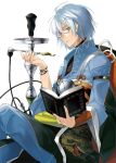  1boy book bow bracelet choker glasses japanese_clothes jewelry long_sleeves looking_at_viewer morichika_rinnosuke obi open_book pants pipe puffy_sleeves short_hair silver_hair simple_background sitting solo touhou tsurukame white_background wide_sleeves yellow_eyes 