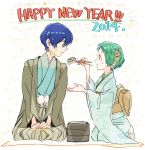  2014 aqua_hair arisato_minato blue_hair chopsticks couple feeding hair_ornament japanese_clothes kimono new_year persona persona_3 short_hair sutei_(giru) traditional_clothes yamagishi_fuuka yuuki_makoto 