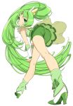  1girl ass bike_shorts choker cure_march dress from_behind green_bike_shorts green_eyes green_hair long_hair looking_back magical_girl midorikawa_nao mikurou_(nayuta) ponytail precure shorts_under_skirt skirt smile smile_precure! solo tiara tri_tails 