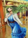  3girls blue_eyes green_hair hat long_hair multiple_girls smile tafuto traditional_media 
