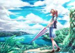  1girl absurdres brown_eyes brown_hair building casual clouds fence grass hair_bobbles hair_ornament hairclip highres hoodie island ivy nian ocean original ponytail puddle rainbow sky solo umbrella 