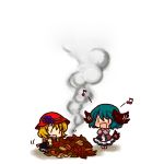  2girls aki_minoriko animal_ears autumn_leaves blonde_hair blush chibi commentary_request dress fire food fruit grapes green_hair hands_on_own_chest hat kasodani_kyouko multiple_girls musical_note open_mouth pink_dress revision short_hair smoke socha touhou |_| 
