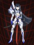  1girl black_hair blue_eyes boots breasts cleavage cleavage_cutout cyborg diego_(dingo-the-dog) ear_protection fusion highres jetstream junketsu katana kiryuuin_satsuki long_hair metal_gear metal_gear_rising:_revengeance pale_skin scabbard sheath suspenders sword thigh_boots thighhighs weapon wide_hips 