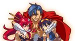  1girl 2boys bandages blue_hair boota cape fingerless_gloves gloves goggles goggles_on_head hair_ornament kamina kan multiple_boys ponytail redhead shirtless simon smile tengen_toppa_gurren_lagann thumbs_up wink yoko_littner 