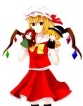  1girl blonde_hair braid expressionless flandre_scarlet hand_puppet hat hat_ribbon highres hong_meiling kirisame_marisa looking_at_viewer milk_(bird-joa) mob_cap puffy_short_sleeves puffy_sleeves puppet red_eyes redhead ribbon short_hair short_sleeves side_ponytail simple_background single_braid skirt skirt_set slit_pupils solo thighhighs touhou twin_braids white_background witch_hat zettai_ryouiki 