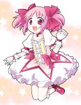  1girl :d bow choker dress frills gloves hair_ribbon happy kaname_madoka kneehighs magical_girl mahou_shoujo_madoka_magica mary_janes open_mouth pink_hair red_eyes ribbon shimizyu shoes short_hair short_twintails smile solo twintails white_gloves 
