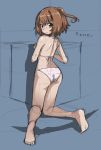  1girl bikini blue_background blush brown_eyes brown_hair kneeling log_horizon looking_at_viewer looking_back minori_(log_horizon) rohitsuka short_hair side_ponytail sketch swimsuit 