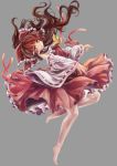  1girl ascot barefoot brown_hair detached_sleeves frilled_skirt frills full_body grey_background hair_ribbon hair_tubes hakurei_reimu japanese_clothes long_hair long_sleeves looking_at_viewer miko open_mouth outstretched_arms red_eyes ribbon shirt simple_background skirt skirt_set solo standing standing_on_one_leg torino_akua touhou vest wide_sleeves 