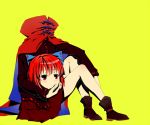  1girl ankle_boots bare_legs boots bow cape cnm disembodied_head hair_bow knees_up long_sleeves looking_at_viewer red_eyes redhead sekibanki short_hair simple_background sitting skirt solo touhou yellow_background 