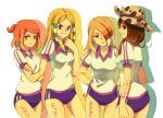  4girls blonde_hair blue_eyes blush body_writing breasts brown_eyes brown_hair buruma character_name character_request crossed_arms hair_over_one_eye hasuike_an hat inazuma_eleven inazuma_eleven_(game) inazuma_eleven_(series) long_hair looking_at_viewer matsushita_riku mayo. multiple_girls orange_hair parted_lips profile sentoku_masaki smile white_background 