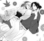  2girls arm_grab christa_renz floral_print hakama japanese_clothes kimono monochrome multiple_girls obi ponytail shingeki_no_kyojin short_hair tokiji ymir_(shingeki_no_kyojin) yukata 