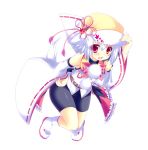  1girl animal_ears bare_shoulders bike_shorts bow detached_sleeves fang hat hikanyan inubashiri_momiji long_sleeves open_mouth pink_eyes shirt silver_hair simple_background solo tail touhou white_legwear wide_sleeves wolf_ears wolf_tail 