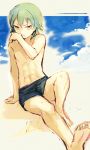  1boy abs barefoot clouds inazuma_eleven_(series) inazuma_eleven_go kariya_masaki long_hair lowres male open_mouth shirtless sitting sky solo yellow_eyes yuhazu_(rhe-rhe) 