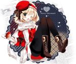  1girl alice_margatroid alternate_costume black_legwear blonde_hair blue_eyes blush boots bow cake christmas cierra_(ra-bit) coat dish food fork gloves hairband hat lolita_hairband long_sleeves looking_at_viewer open_mouth pantyhose scarf short_hair solo text touhou wink winter_clothes 