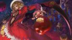  2girls adapted_costume apple blonde_hair building cmy dress elly flower food frills fruit hat highres jewelry kazami_yuuka kazami_yuuka_(pc-98) lace multiple_girls nail_polish planet red_dress red_eyes ring rose scythe short_hair solo touhou touhou_(pc-98) window yellow_rose 