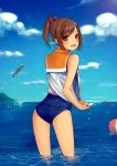  1girl ass bare_shoulders blush brown_eyes brown_hair from_behind hoshimachi i-401_(kantai_collection) kantai_collection looking_at_viewer looking_back one-piece_swimsuit open_mouth personification ponytail sailor_collar school_swimsuit school_uniform short_hair short_ponytail smile solo swimsuit torpedo wading wringing_clothes 
