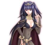  1girl bangs black_hair blunt_bangs bodysuit bracelet breasts bridal_gauntlets cape circlet cleavage fire_emblem fire_emblem:_kakusei hazuki_(nyorosuke) jewelry large_breasts long_hair navel ring sarja skin_tight solo two_side_up violet_eyes 