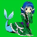  1girl blue_eyes blue_hair blush cnm covering_mouth green_background hand_to_own_mouth hands_in_sleeves head_fins japanese_clothes kimono looking_at_viewer mermaid monster_girl obi short_hair simple_background solo touhou wakasagihime 