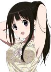  1girl adjusting_hair armpits arms_up black_hair blush camisole chitanda_eru hyouka long_hair looking_at_viewer open_mouth ragho_no_erika revision simple_background smile solo violet_eyes white_background 
