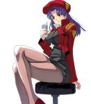  1girl black_dress breasts brown_eyes cross dress drinking_glass drinking_straw food hat jewelry katsuragi_misato large_breasts masao necklace neon_genesis_evangelion open_clothes open_jacket pantyhose pendant purple_hair rebuild_of_evangelion simple_background sitting solo stool white_background 