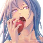  1girl apple bare_shoulders collarbone face food fruit hands holding holding_fruit lips open_mouth original purple_hair simple_background solo teeth uvula violet_eyes yuuhei 